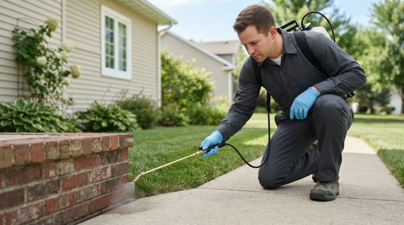 Pest control technician treating a home near Hooksett, NH
